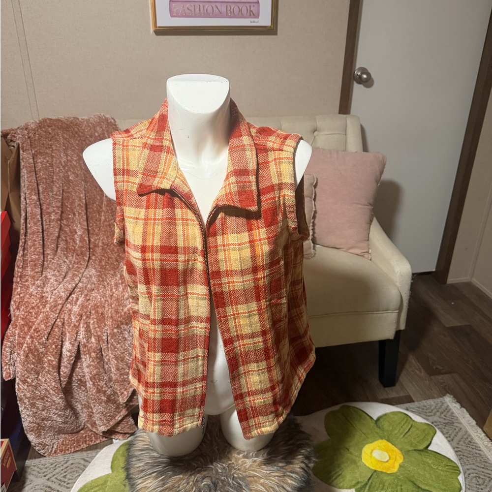 Christopher & Banks Orange and Yellow Plaid Sleeveless Vest